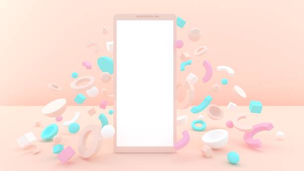 Smartphone 3d illustration. Online entertainment. Network. Social media. Abstract shapes. 3d rendering. Place for text. Trendy pastel color. stock photo