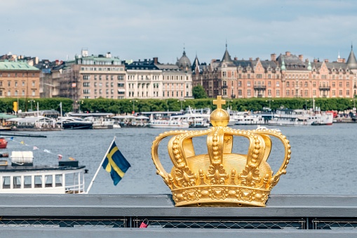 Monarchy of Denmark. Golden crown on Denmark flag background. 3d illustration