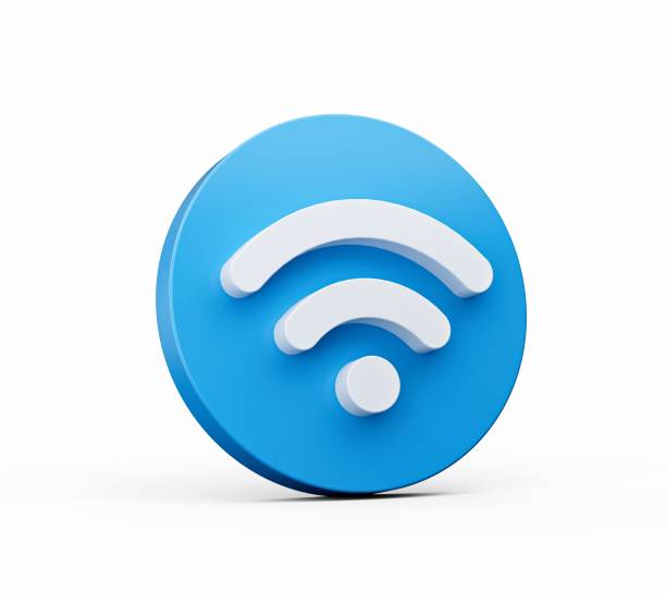 3d-illustration eines blue wireless netzwerksymbols oder technologie-wlan-symbols auf weißem hintergrund - digital signal stock-fotos und bilder