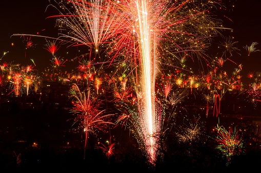 Beautiful view of vibrant fireworks exploding in the air during New Year in Freiburg im Breisgau