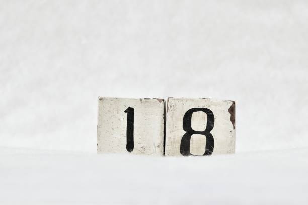 18 calendar date number, white snowy winter background copy space