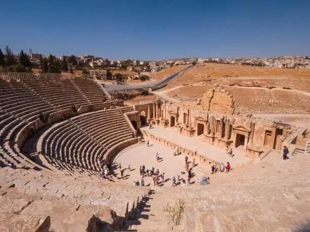 Scenic view of ruins of an old city, details of famous historical Southern Theater, ancient Roman structure in Jerash, Jordan.