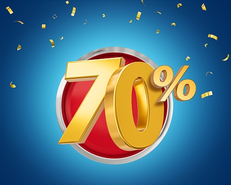 A 3D rendering of golden 70 percent off discount isolated on blue background