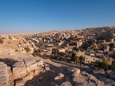 Beautiful view of old city of Amman, downtown with many apartment buildings and Roman theater. Capital of Jordan. Tourism concept.