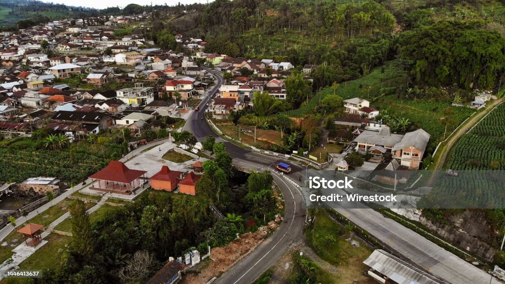 Provincial road that connects Temanggung Regency with Wonosobo Regency. Indonesia. The provincial road that connects Temanggung Regency with Wonosobo Regency. Indonesia. Aerial View Stock Photo