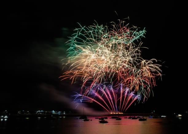 istock Colorful fireworks in the dark night sky during a celebration 1446414032