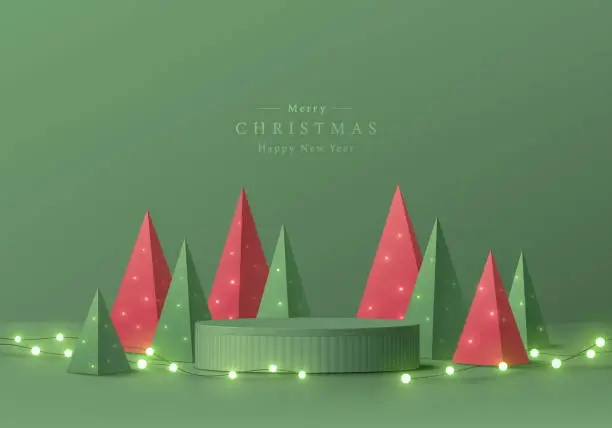 Vector illustration of Abstract realistic 3D cylinder pedestal podium, Neon bulb on red and green christmas tree in pyramid shape. Minimal wall scene mockup product display. Merry christmas new year vector stage concept.