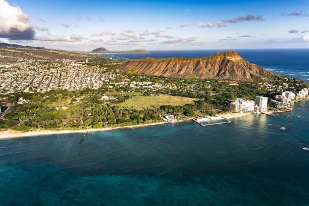 istock Drone shot over Oahu, Hawaii with a seascape 1446415433