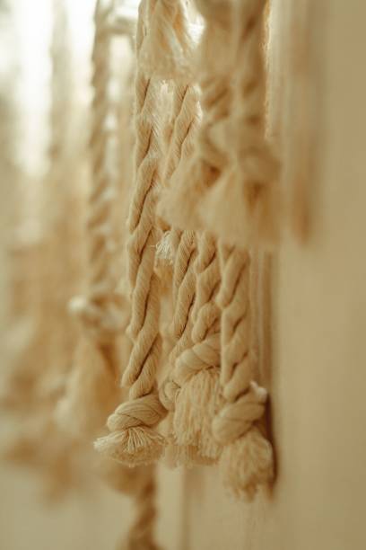 istock Vertical shot of threaded ropes against a wall with a blurry background 1446415999