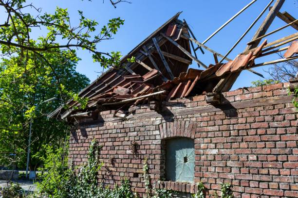 An abandoned and ruined red brick house surrounded by green plants and tree branches