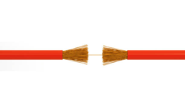 Electrical Red power cable frayed in tension On White Background