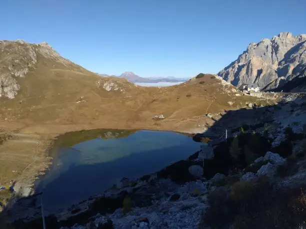 The Lago did Valparola lake with mountain.