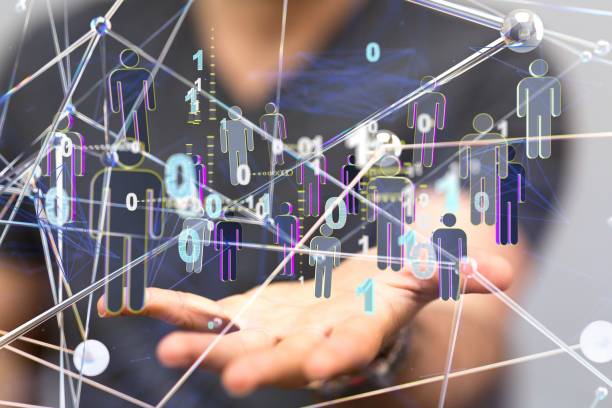 istock Neural web of 3d rendered illustrative user icons floating on a man's hand palm, global networking 1446419027