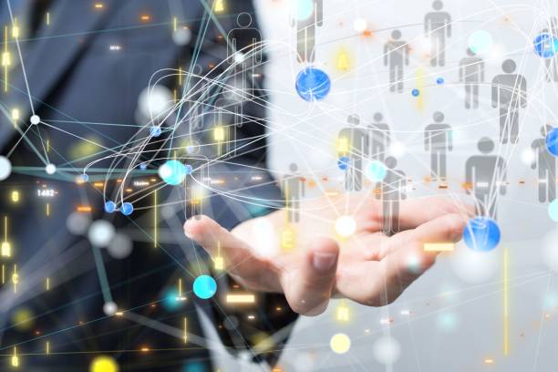 istock Neural web of 3d rendered illustrative user icons floating on a man's hand palm, global networking 1446419029