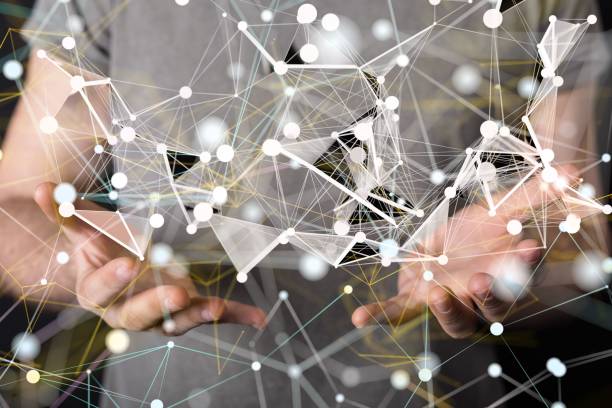 istock Illustrative digital netword floating over the man's hands 1446419044