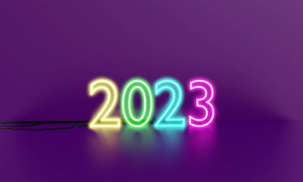 istock 2023 New year. Multi colored neon lighting 2023 numbers on the colored background 1446419131