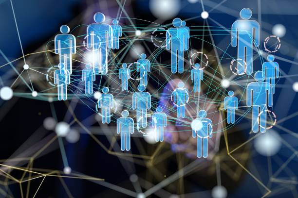 istock Man on a blurred background touching an illustrative 3D rendered web with user icons, global network 1446419349