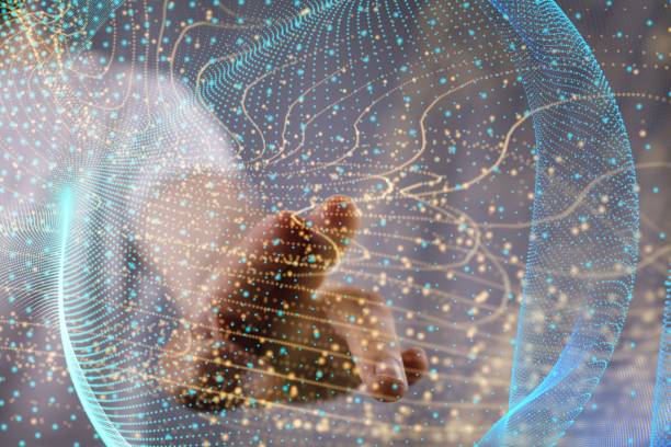 istock Closeup of a businessman touching 3d futuristic patterns - Digital network concept 1446419425