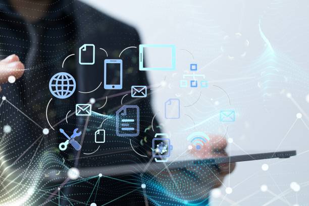 istock Illustrated social communication icons floating above a tablet 1446419621