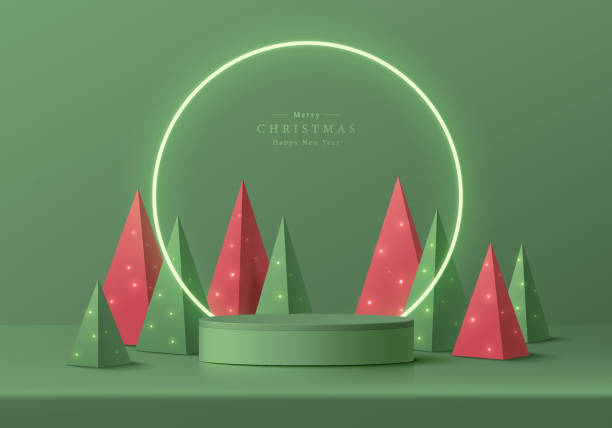 istock Abstract realistic 3D cylinder pedestal podium, Circle neon lighting background. Red, green pyramid christmas tree. Minimal wall scene mockup product display. Merry christmas and happy new year stage. 1446419694