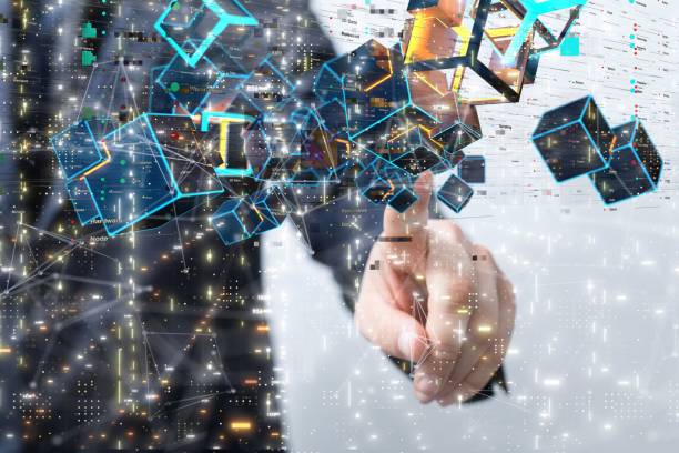 istock Person's hand pointing at the hovering hologram cubes. Abstract technology, business, system. 1446419851