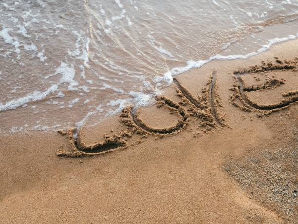istock Closeup of a Love text on a sandy beach with small waves 1446421251