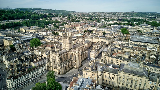 An aerial drone shot of the Oxford cityscape with the Oxford University, England