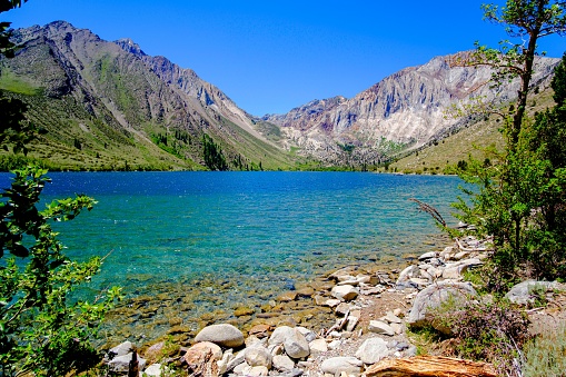 A beautiful view of Convict Lake near the mountains in CA, USA