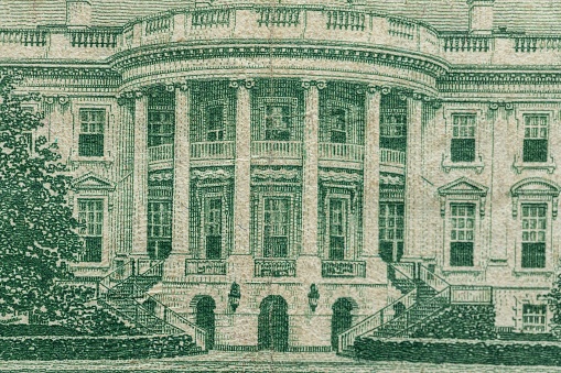 A closeup of a 20 American dollar banknote