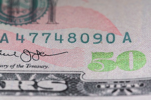A closeup of a 50 American dollar banknote