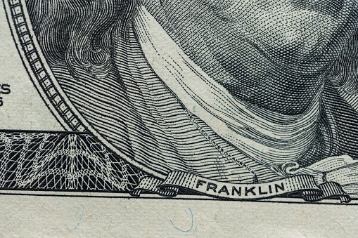 Closeup of 100 Dollar Banknotes and Bills. Background Money. USA Federal Reserve Bill. One Hundred Dollars