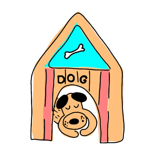 Vector illustration of Cute funny hand drawn colorful cartoon caracter dog sleeping in the booth. House pet care concept. Hand drawn.