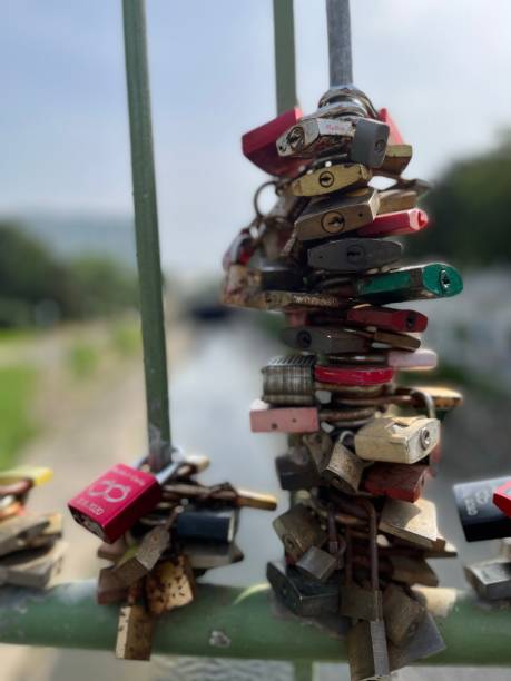 istock Vertical shot of padlocks on the bridge on blur background 1446425878