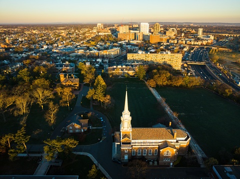 A drone view of the Rutgers University at sunrise in New Brunswick, New Jersey