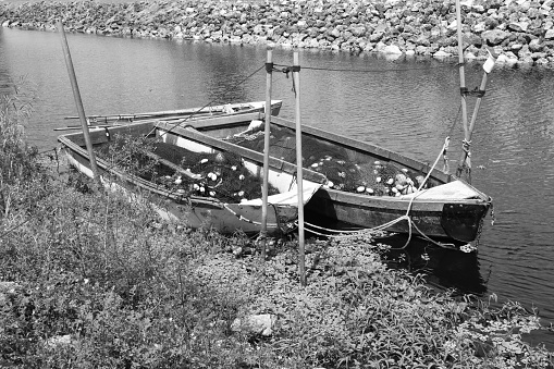 A grayscale shot of small fishing boats on the lakeshore