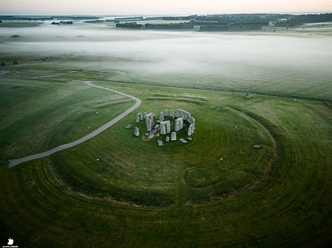 An aerial drone shot of the Stonehenge prehistoric monument in Wiltshire, England