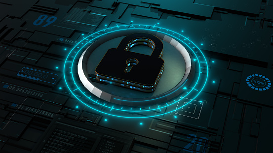 Lock Icon. Cyber Security of Digital Data Network Protection. High-speed connection data analysis. Technology data binary code network conveying connectivity background concept.