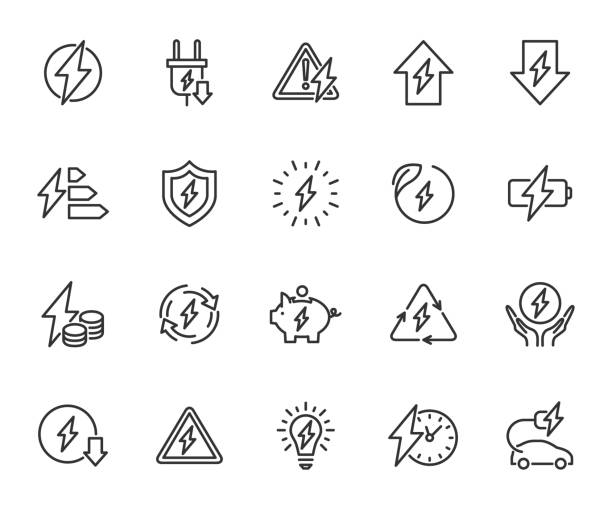 illustrations, cliparts, dessins animés et icônes de ensemble vectoriel d’icônes de ligne d’énergie. contient des icônes électricité, tension, charge, alimentation électrique, surcharge, réduction d’énergie, recharge de véhicules électriques, sécurité énergétique et plus encore. pixel par - electricity