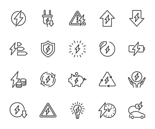 ilustrações de stock, clip art, desenhos animados e ícones de vector set of energy line icons. contains icons electricity, voltage, charging, electric power, overload, energy reduction, electric vehicle charging, energy security and more. pixel perfect. - alta voltagem