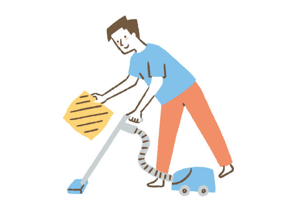 ilustrações, clipart, desenhos animados e ícones de homens usando um cleaner_color a vácuo - stay at home dad