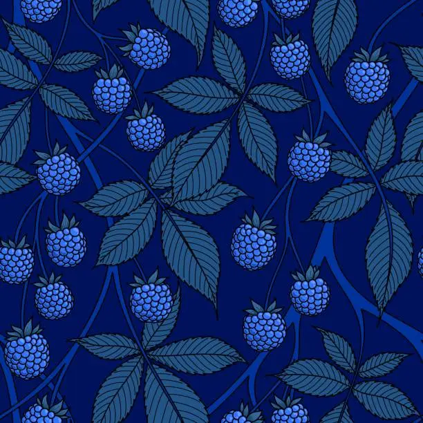 Vector illustration of BLUE SEAMLESS VECTOR BACKGROUND WITH LIGHT BLUE BLACKBERRY FRUITS