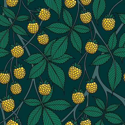SEAMLESS PATTERN WITH RIPE YELLOW BLACKBERRY FRUITS ON AN EMERALD GREEN BACKGROUND IN VECTOR