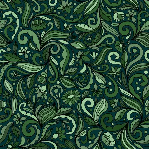 Vector illustration of GREEN SEAMLESS VECTOR BACKGROUND WITH COMPLEX MULTICOLORED FLORAL ORNAMENT