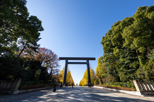 Tokyo, Japan - November 25, 2022: People at Yasukuni Shrine in Chiyoda Ward, Tokyo, Japan. It was founded by Emperor Meiji.