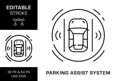 Parking Assist System Editable Stroke, Adjustable Color, Pixel Perfect, 32 pixel and 64 pixel Vector Line Icon Design.

The parking assist system informs the driver if it detects a suitable parallel or perpendicular parking space. When activated, the system calculates the best way of approaching the gap, the steering manoeuvres required and the number of moves involved.