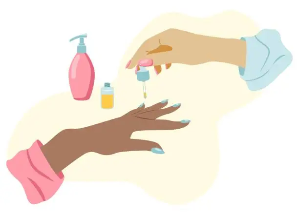 Vector illustration of Nail technician putting cuticle oil to a clients hands in flat style