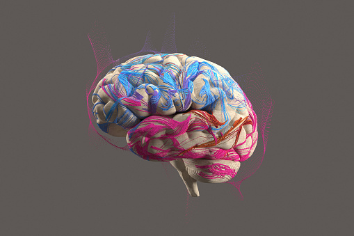 Human brain with colorful particles as an embroidery, 3d render.