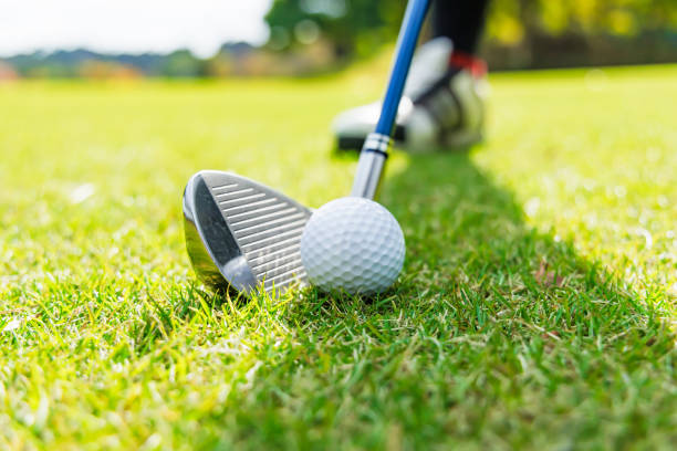 istock Golf course with beautiful lawn, ball and golf club 1446443423