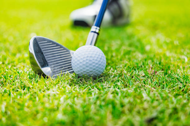 istock Golf course with beautiful lawn, ball and golf club 1446443458