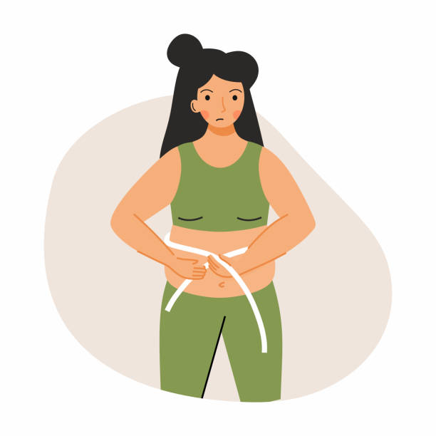 ilustraciones, imágenes clip art, dibujos animados e iconos de stock de una mujer triste mide su estómago con una cinta de centímetros. el problema con el sobrepeso. gordura. - fatness